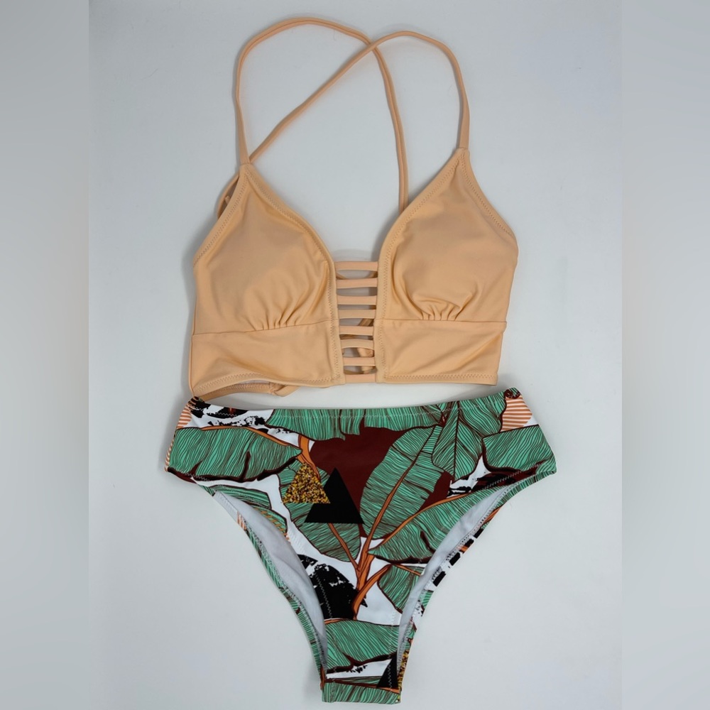 CUPSHE: Bikini Swimsuit, Strappy, Lace-Up Top, Tropical Bottoms, Size XS